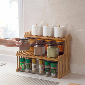 2 Layers Bamboo Storage Rack Kitchen Spice Jar Bottle Seasoning Rack Decoration Organizer Shelf Home Desktop Racks