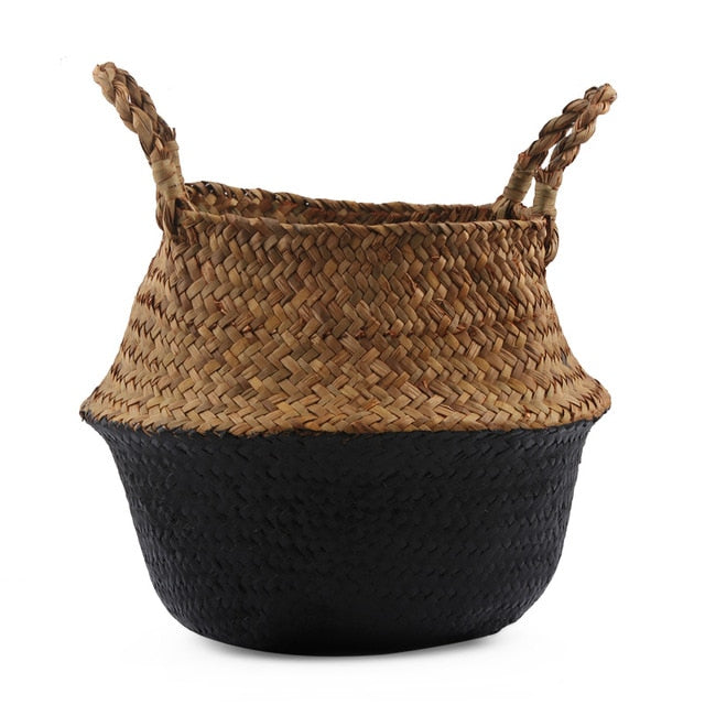 Seagrass Folding Handmade Storage Basket Decorative Rattan Plant Flower Pot Woven Wicker Belly Laundry Basket Home Decor