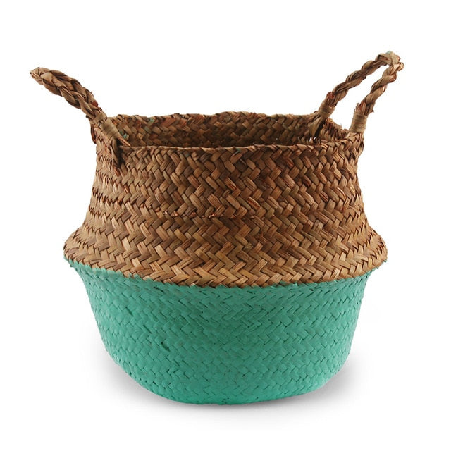 Seagrass Folding Handmade Storage Basket Decorative Rattan Plant Flower Pot Woven Wicker Belly Laundry Basket Home Decor