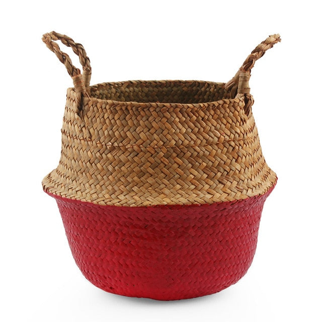 Seagrass Folding Handmade Storage Basket Decorative Rattan Plant Flower Pot Woven Wicker Belly Laundry Basket Home Decor