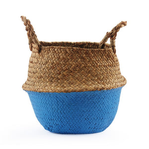 Seagrass Folding Handmade Storage Basket Decorative Rattan Plant Flower Pot Woven Wicker Belly Laundry Basket Home Decor