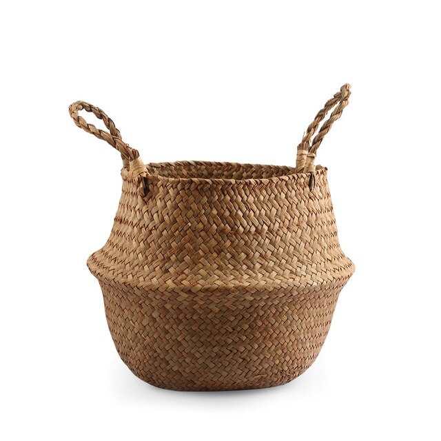 Seagrass Folding Handmade Storage Basket Decorative Rattan Plant Flower Pot Woven Wicker Belly Laundry Basket Home Decor