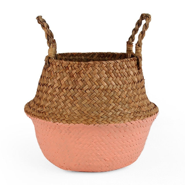 Seagrass Folding Handmade Storage Basket Decorative Rattan Plant Flower Pot Woven Wicker Belly Laundry Basket Home Decor