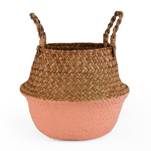 Seagrass Folding Handmade Storage Basket Decorative Rattan Plant Flower Pot Woven Wicker Belly Laundry Basket Home Decor