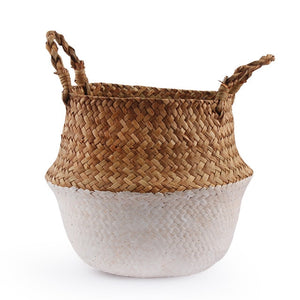 Seagrass Folding Handmade Storage Basket Decorative Rattan Plant Flower Pot Woven Wicker Belly Laundry Basket Home Decor