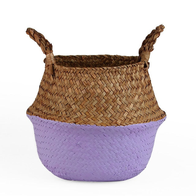 Seagrass Folding Handmade Storage Basket Decorative Rattan Plant Flower Pot Woven Wicker Belly Laundry Basket Home Decor