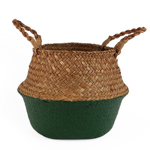 Seagrass Folding Handmade Storage Basket Decorative Rattan Plant Flower Pot Woven Wicker Belly Laundry Basket Home Decor