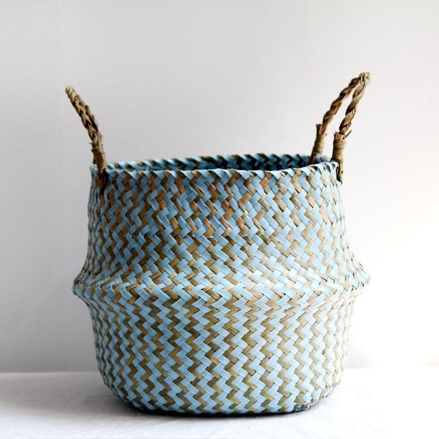 Seagrass Folding Handmade Storage Basket Decorative Rattan Plant Flower Pot Woven Wicker Belly Laundry Basket Home Decor