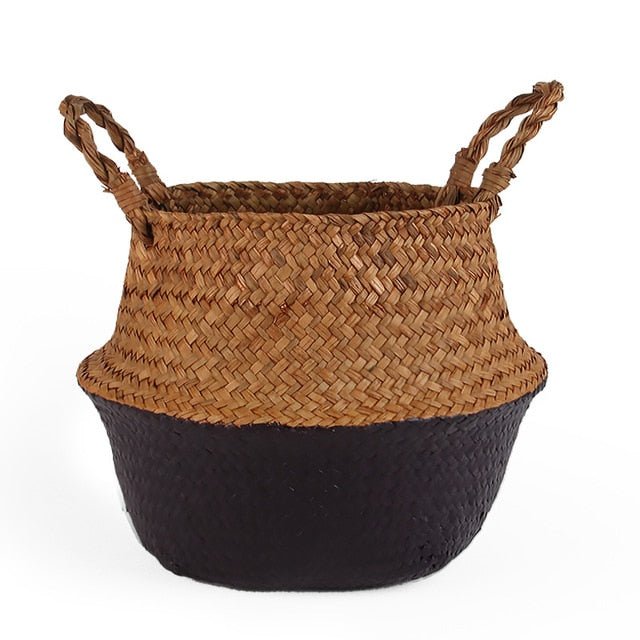 Seagrass Folding Handmade Storage Basket Decorative Rattan Plant Flower Pot Woven Wicker Belly Laundry Basket Home Decor