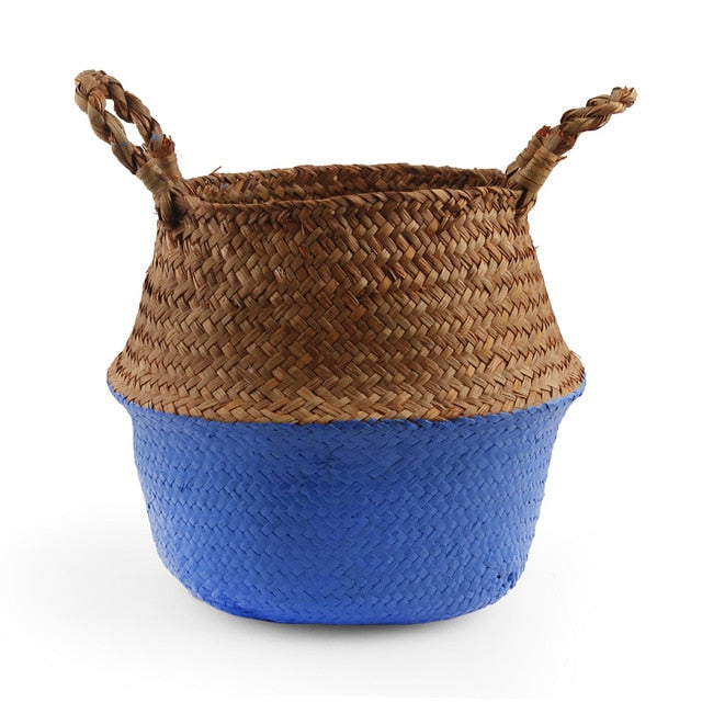 Seagrass Folding Handmade Storage Basket Decorative Rattan Plant Flower Pot Woven Wicker Belly Laundry Basket Home Decor