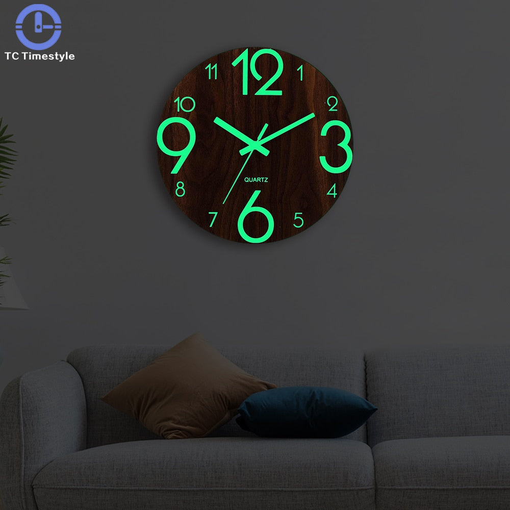 Wooden Wall Clock Luminous Number Hanging Clocks Quiet Dark Glowing Wall Clocks Modern Watches Home Decor Modern Christmas Gift