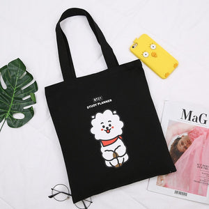 2020 Women Canvas Shopping Bag BT21 Letters Print Female Cotton Cloth Shoulder Bag Eco Handbag Tote Reusable Shopper Bags Black