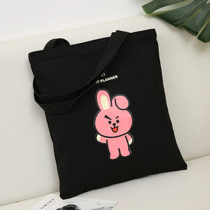 2020 Women Canvas Shopping Bag BT21 Letters Print Female Cotton Cloth Shoulder Bag Eco Handbag Tote Reusable Shopper Bags Black