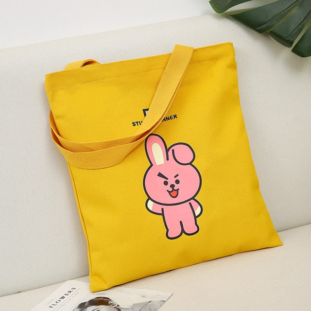 2020 Women Canvas Shopping Bag BT21 Letters Print Female Cotton Cloth Shoulder Bag Eco Handbag Tote Reusable Shopper Bags Black