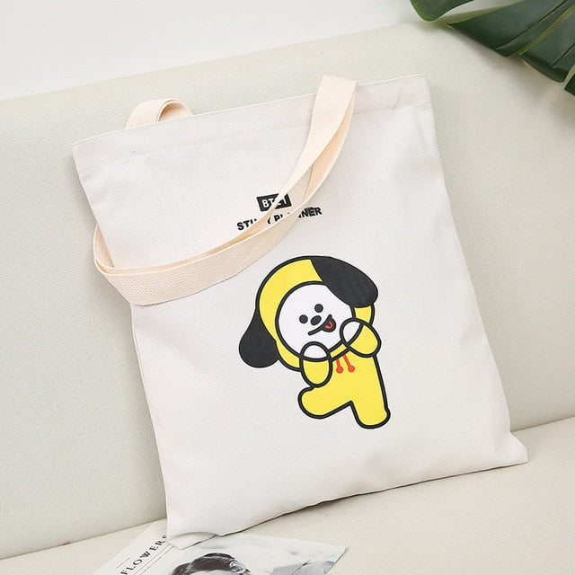 2020 Women Canvas Shopping Bag BT21 Letters Print Female Cotton Cloth Shoulder Bag Eco Handbag Tote Reusable Shopper Bags Black