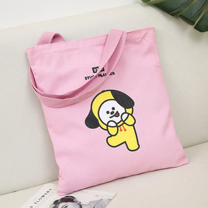 2020 Women Canvas Shopping Bag BT21 Letters Print Female Cotton Cloth Shoulder Bag Eco Handbag Tote Reusable Shopper Bags Black