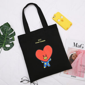 2020 Women Canvas Shopping Bag BT21 Letters Print Female Cotton Cloth Shoulder Bag Eco Handbag Tote Reusable Shopper Bags Black