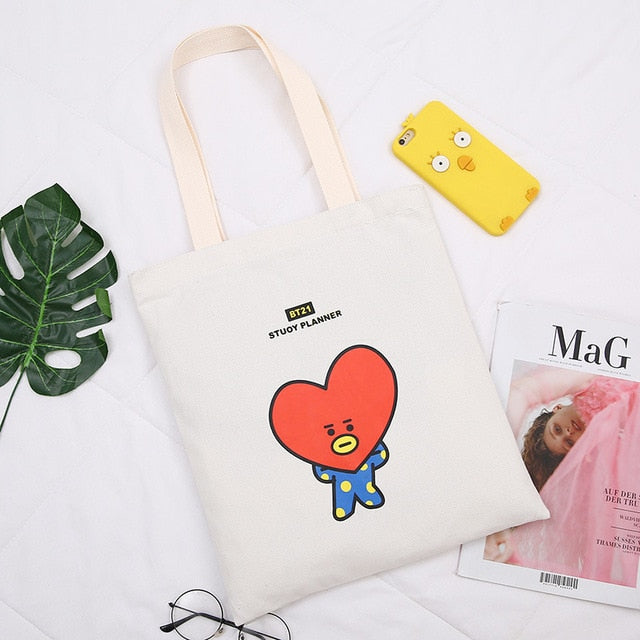 2020 Women Canvas Shopping Bag BT21 Letters Print Female Cotton Cloth Shoulder Bag Eco Handbag Tote Reusable Shopper Bags Black