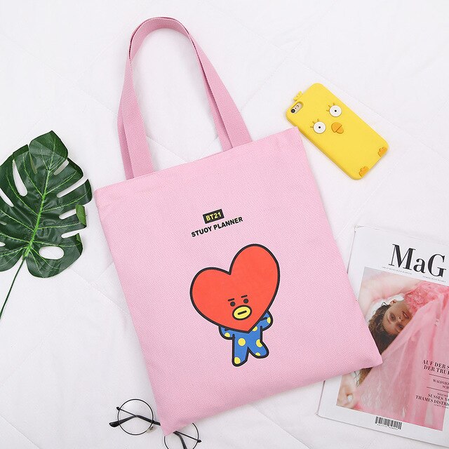 2020 Women Canvas Shopping Bag BT21 Letters Print Female Cotton Cloth Shoulder Bag Eco Handbag Tote Reusable Shopper Bags Black