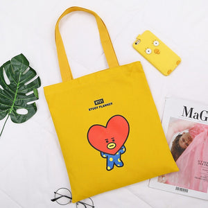 2020 Women Canvas Shopping Bag BT21 Letters Print Female Cotton Cloth Shoulder Bag Eco Handbag Tote Reusable Shopper Bags Black