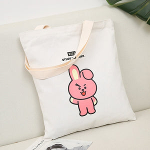 2020 Women Canvas Shopping Bag BT21 Letters Print Female Cotton Cloth Shoulder Bag Eco Handbag Tote Reusable Shopper Bags Black