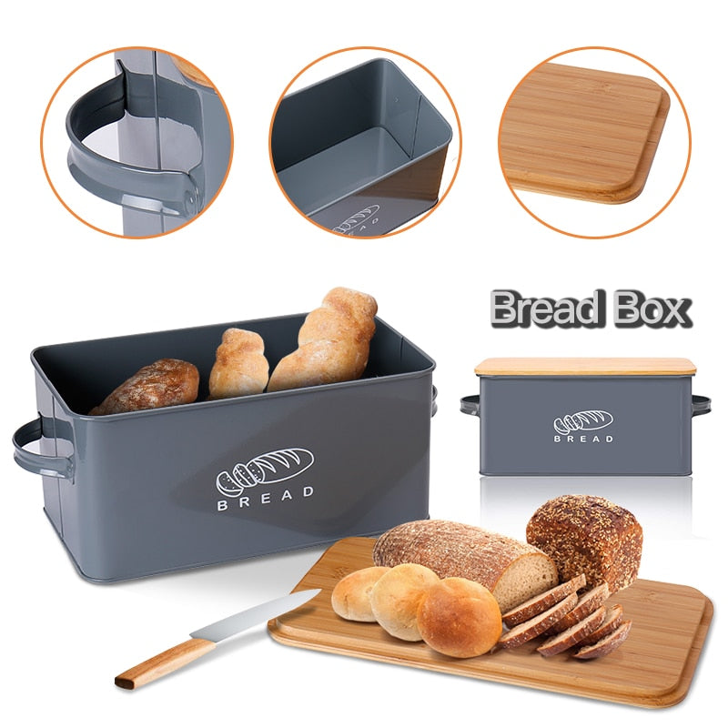 Storage Boxes Bread Bins With Bamboo Cutting Board Lid Metal Galvanized Snack Box Handles Design Kitchen Containers Home Decor