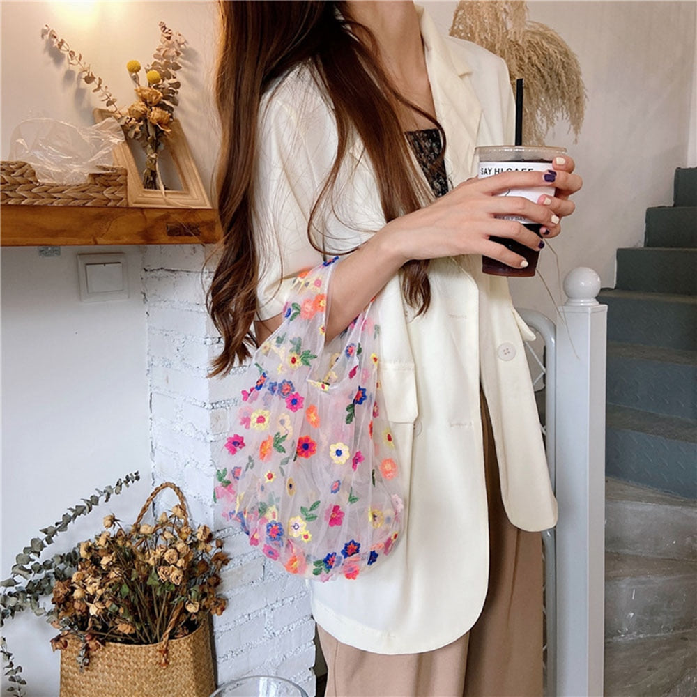 Women Small Transparent Tote Mesh Cloth Bag Daisy Embroidery Handbag Eco Flower Art Mesh Bag Purse For Girls Gift